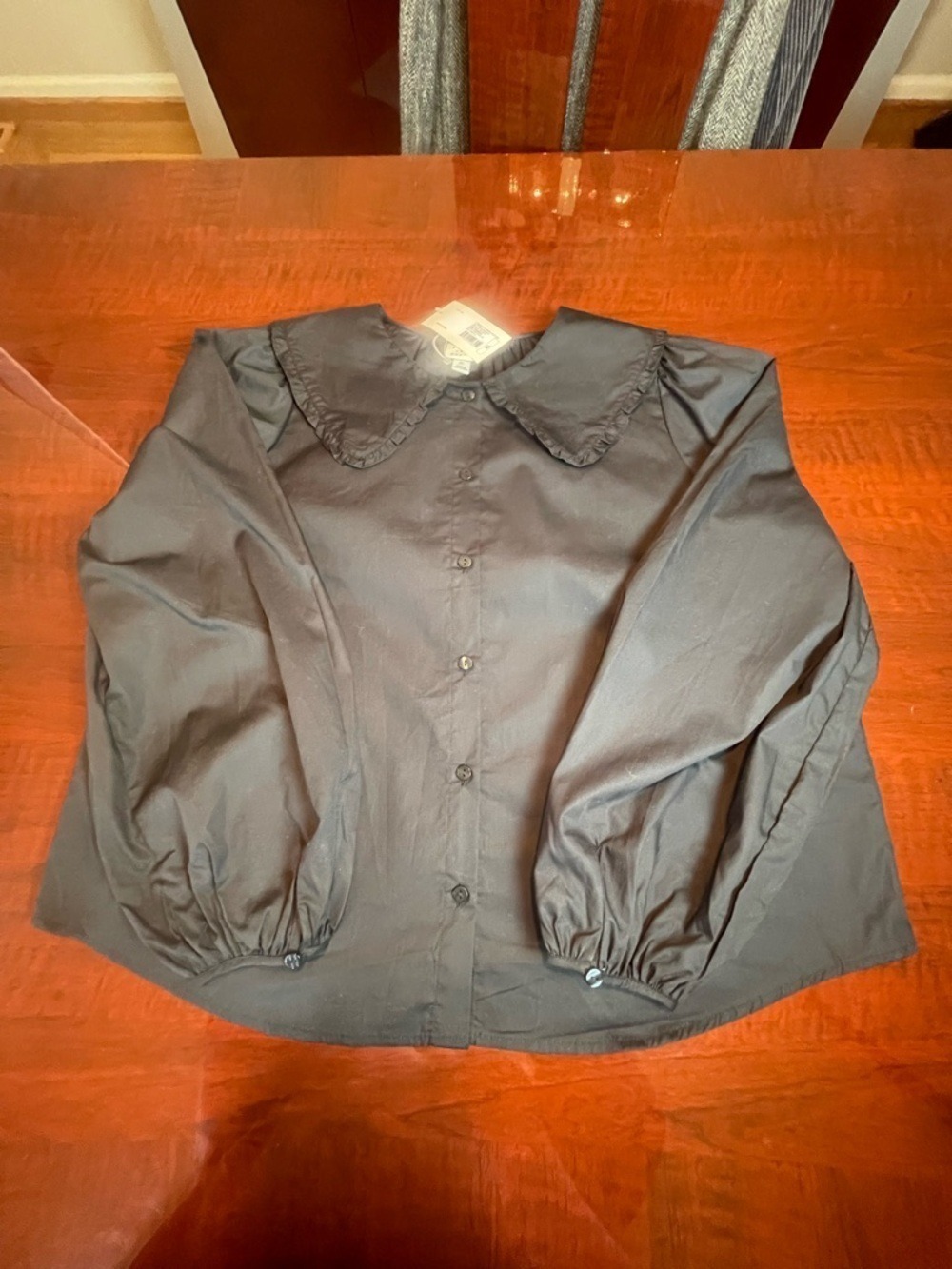 A New Day NWT Black Ruffle Peter Pan Collar Blouse Puff Sleeve Cotton Top XL - Picture 10 of 12